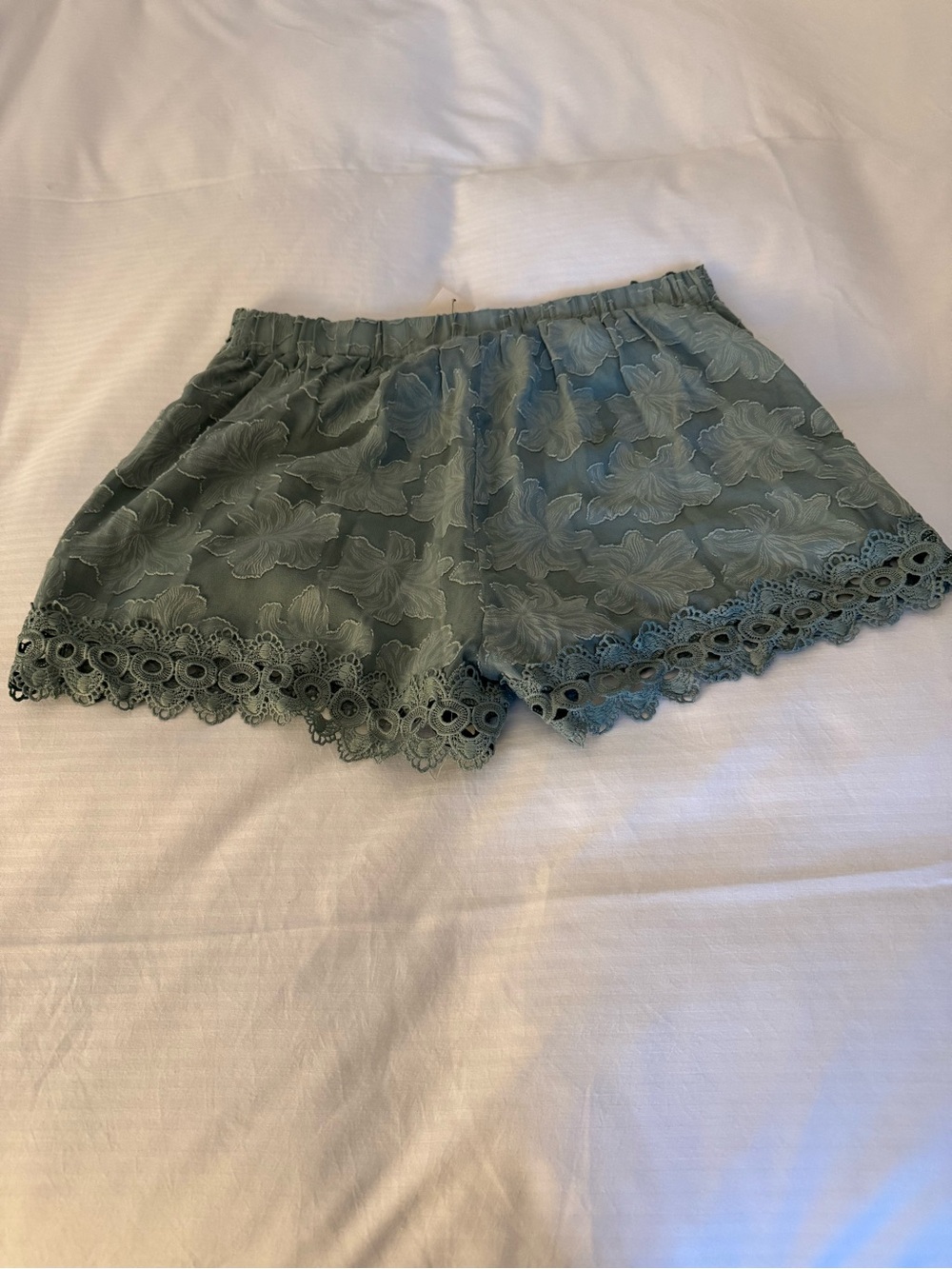 Lace Trim Floral Embroidered Shorts - Sage Green